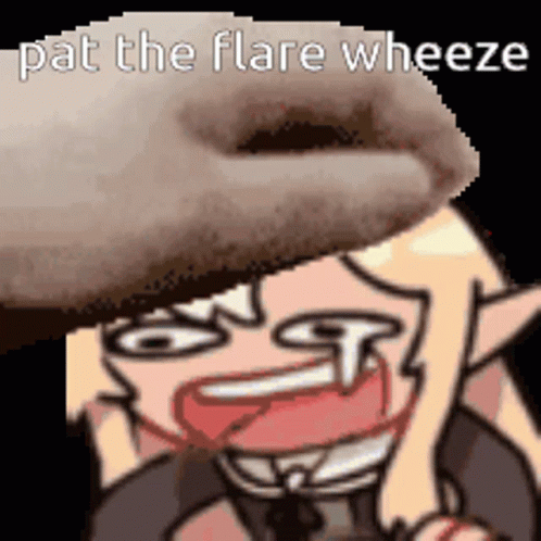 A Pixel Art Of A Cartoon Character With The Words Pat The Flare Wheeze Written Above It . GIF