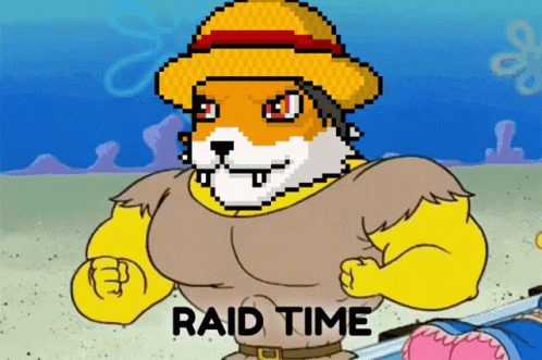 A Pixel Art Of A Cartoon Character With The Words Raid Time Written On The Bottom GIF