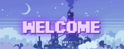 A Pixel Art Of A Castle With The Words Welcome Written In Pink GIF