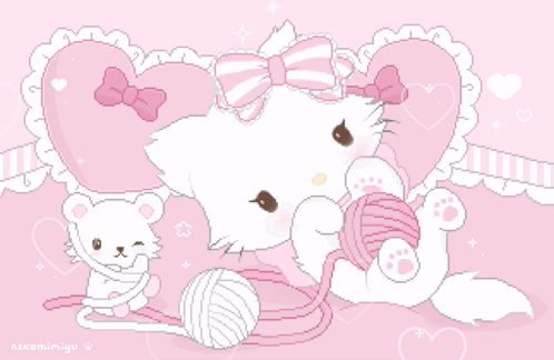 A Pixel Art Of A Cat Holding A Ball Of Yarn And A Bear GIF