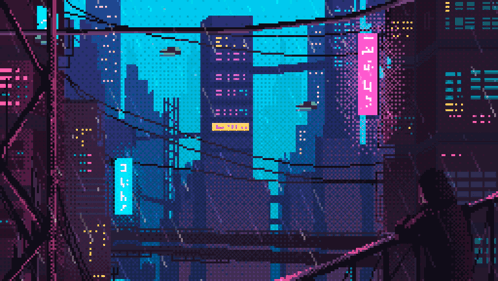 A Pixel Art Of A City At Night With A Sign That Says ' A ' On It GIF
