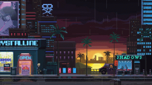 A Pixel Art Of A City At Night With A Store Called Shadows GIF