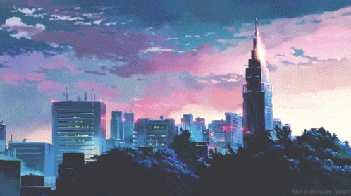 A Pixel Art Of A City Skyline With A Purple Sky GIF