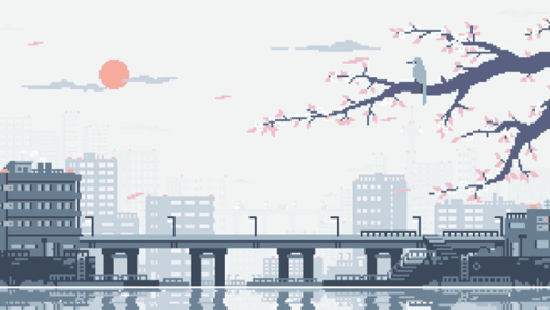 A Pixel Art Of A City With The Words Kawaii Sch On The Bottom GIF
