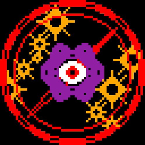 A Pixel Art Of A Colorful Circle With A Red Eye In The Middle GIF