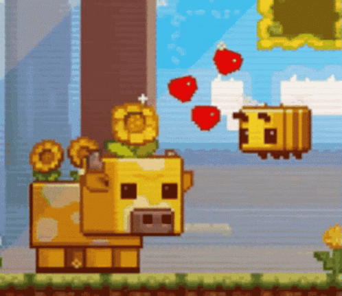 A Pixel Art Of A Cow And A Bee In A Video Game GIF