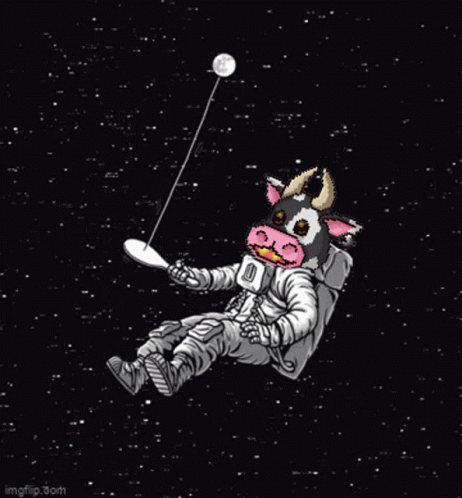 A Pixel Art Of A Cow Wearing A Space Suit Floating In Space Holding A Spoon . GIF