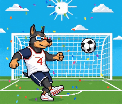 a pixel art of a dog kicking a soccer ball
