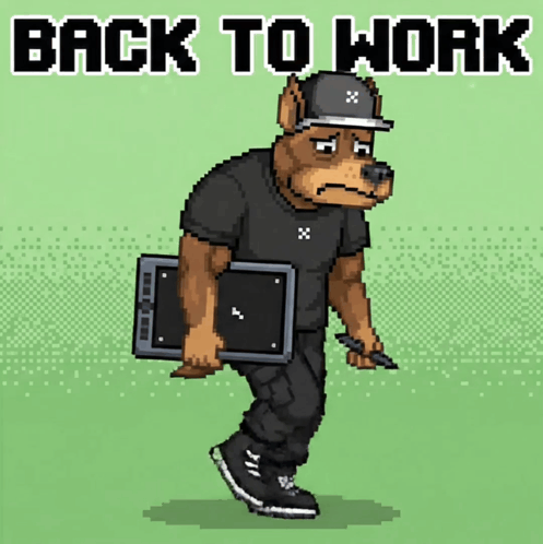 a pixel art of a dog wearing a hat and holding a tablet with the words back to work written above him