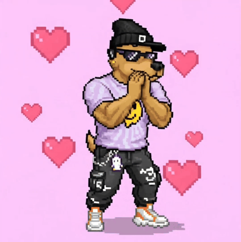 A Pixel Art Of A Dog Wearing Sunglasses And A Purple Shirt GIF