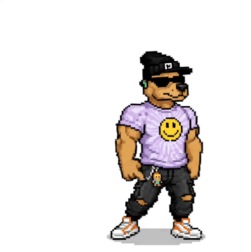 A Pixel Art Of A Dog Wearing Sunglasses And A Purple Shirt With A Smiley Face On It Says I Got You GIF