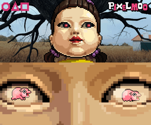 A Pixel Art Of A Doll With A Pig In Her Eye GIF