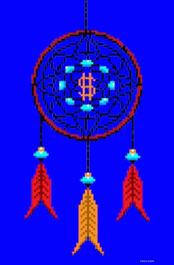 A Pixel Art Of A Dream Catcher With Purple Feathers On A Green Background GIF