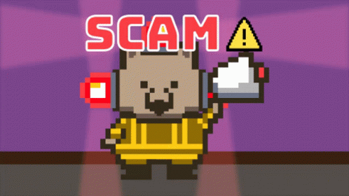 A Pixel Art Of A Fireman With The Words Scam A Behind Him GIF