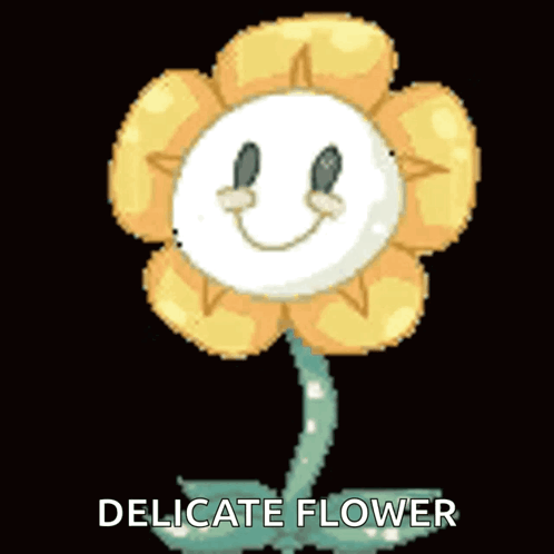 a pixel art of a flower with a smiley face and the words " delicate flower " below it