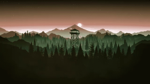 A Pixel Art Of A Forest With A Tower In The Foreground And Mountains In The Background GIF