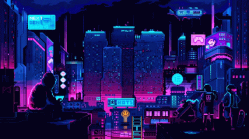 A Pixel Art Of A Futuristic City With A Sign That Says Next Gen GIF