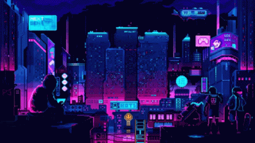 A Pixel Art Of A Futuristic City With A Sign That Says Next On It GIF