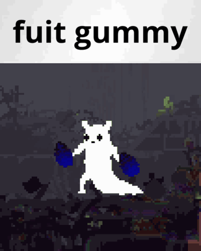 A Pixel Art Of A Ghost With The Words " Fuit Gummy " On The Bottom GIF