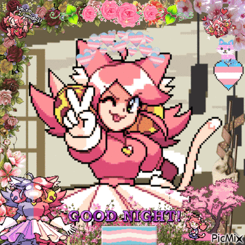 A Pixel Art Of A Girl Giving A Peace Sign With The Words Good Night Written Below Her GIF