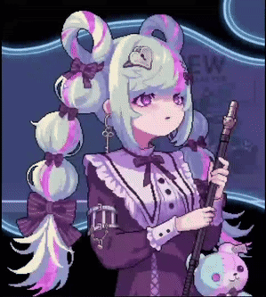 A Pixel Art Of A Girl Holding A Cane And A Teddy Bear GIF