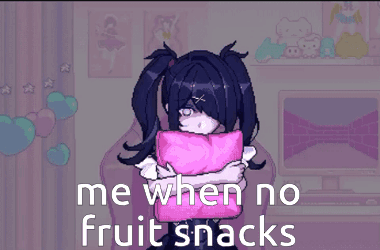 A Pixel Art Of A Girl Holding A Pink Pillow With The Words " Me When No Fruit Snacks " GIF