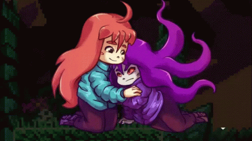 A Pixel Art Of A Girl Hugging Another Girl With Long Purple Hair GIF