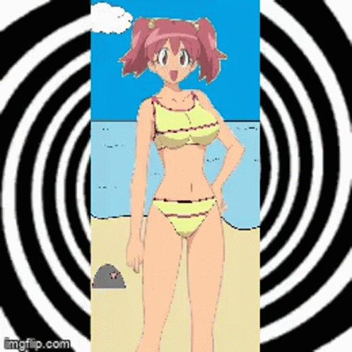 a pixel art of a girl in a bikini on a beach .