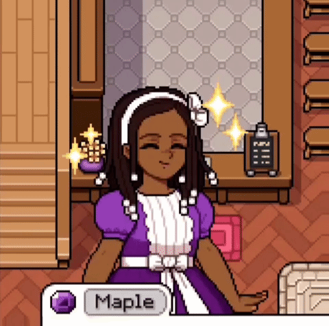A Pixel Art Of A Girl In A Purple Dress With The Name Maple On The Bottom GIF