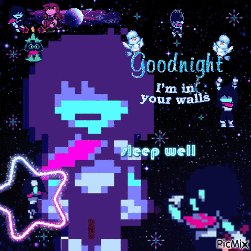 A Pixel Art Of A Girl Says Goodnight I 'M In Your Walls Sleep Well GIF