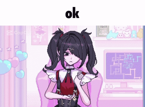 A Pixel Art Of A Girl Sitting In A Chair With The Word Ok On The Bottom GIF