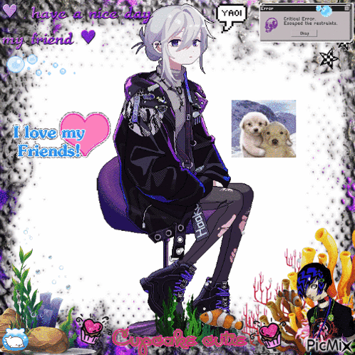 A Pixel Art Of A Girl Sitting In A Chair With The Words I Love My Friends On The Bottom GIF