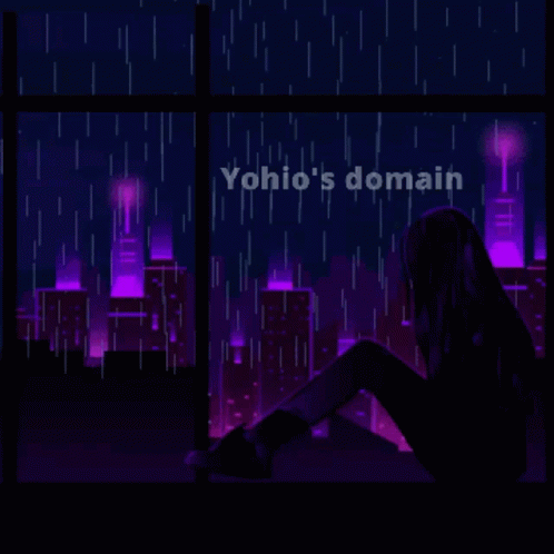 A Pixel Art Of A Girl Sitting In Front Of A Window With The Words Yoho 'S Domain Written Above Her GIF