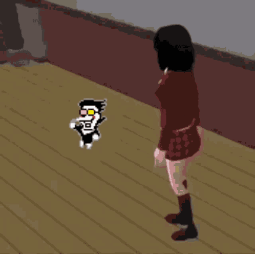 A Pixel Art Of A Girl Standing Next To A Cartoon Character GIF