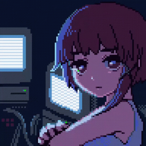A Pixel Art Of A Girl Talking On A Phone In Front Of A Computer Monitor GIF