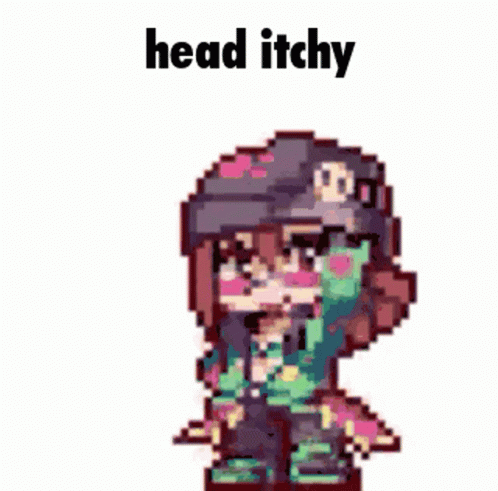 A Pixel Art Of A Girl Wearing A Hat And Sunglasses With The Words `` Head Itchy '' Written Above Her . GIF