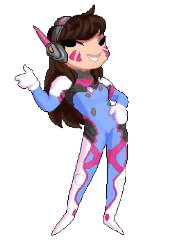 a pixel art of a girl wearing headphones and a blue and pink suit