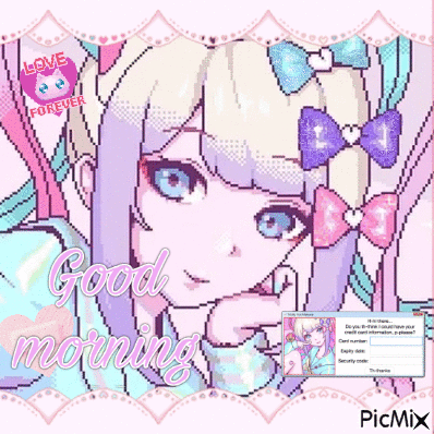 A Pixel Art Of A Girl With A Bow In Her Hair And The Words Good Morning GIF