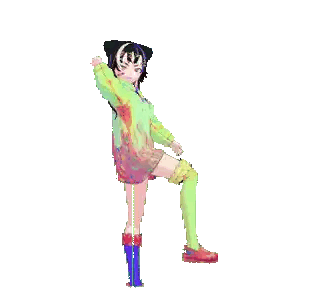 a pixel art of a girl with a cat on her head dancing
