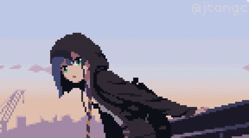 A Pixel Art Of A Girl With A Hood And The Letters Ajtange Below Her GIF