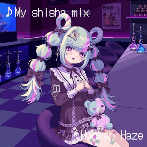 A Pixel Art Of A Girl With A Hookah And The Words My Shisha Mix Hookah Haze On The Bottom GIF