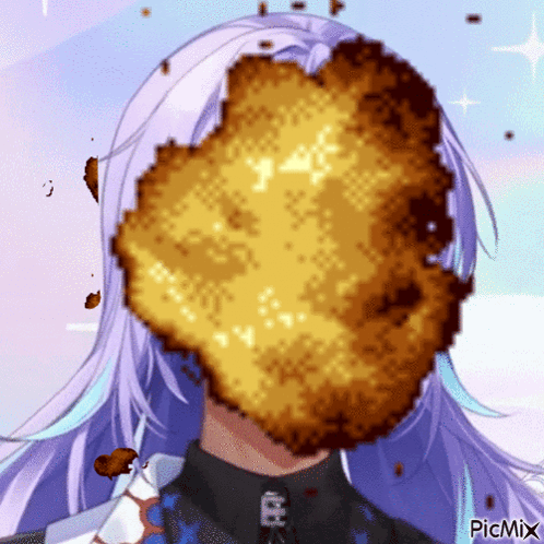 A Pixel Art Of A Girl With A Piece Of Food In Her Face . GIF
