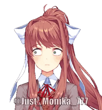 a pixel art of a girl with a ponytail and the name just monika 777