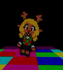 A Pixel Art Of A Girl With Blonde Hair And Antlers Standing On A Colorful Carpet . GIF