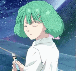 A Pixel Art Of A Girl With Green Hair Holding A Pen GIF