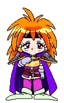 a pixel art of a girl with orange hair and a purple cape .
