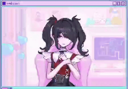 A Pixel Art Of A Girl With Pigtails Sitting In A Chair In A Room . GIF