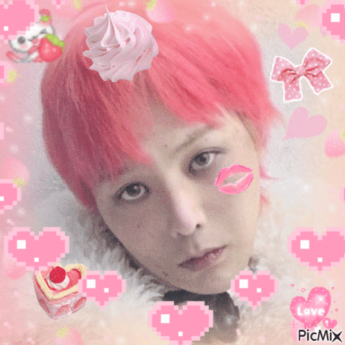 A Pixel Art Of A Girl With Pink Hair And Hearts Around Her And The Word Love On The Bottom GIF