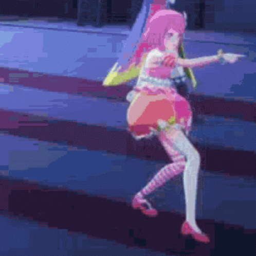 A Pixel Art Of A Girl With Pink Hair Pointing At Something GIF