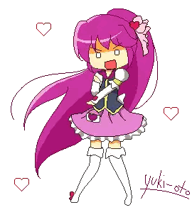 a pixel art of a girl with purple hair and the name yuki-oto on the bottom